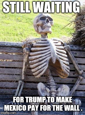 Waiting Skeleton | STILL WAITING; FOR TRUMP TO MAKE MEXICO PAY FOR THE WALL . | image tagged in memes,waiting skeleton | made w/ Imgflip meme maker