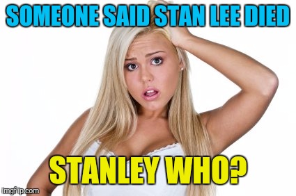 Throwback to Big Ban Theory | SOMEONE SAID STAN LEE DIED; STANLEY WHO? | image tagged in dumb blonde,stan lee,celebrity deaths,memes | made w/ Imgflip meme maker
