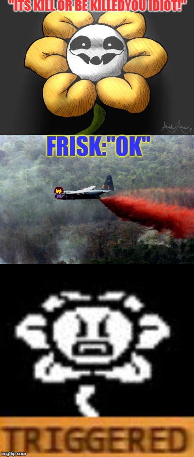 Tropic (Th)undertale | "ITS KILL OR BE KILLEDYOU IDIOT!"; FRISK:"OK" | image tagged in undertale,frisk,flowey,vietnam,good morning vietnam,chemical weapons | made w/ Imgflip meme maker