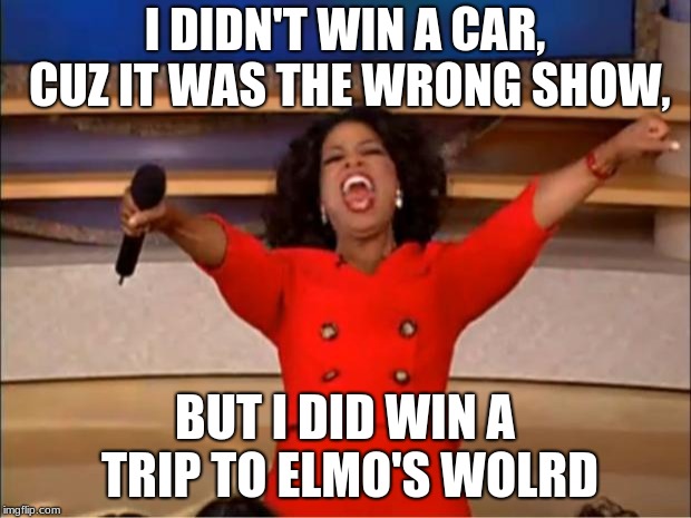 Oprah You Get A | I DIDN'T WIN A CAR, CUZ IT WAS THE WRONG SHOW, BUT I DID WIN A TRIP TO ELMO'S WOLRD | image tagged in memes,oprah you get a | made w/ Imgflip meme maker