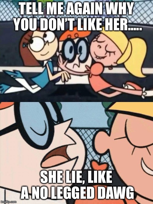 I Love Your Accent | TELL ME AGAIN WHY YOU DON’T LIKE HER..... SHE LIE, LIKE A NO LEGGED DAWG | image tagged in i love your accent | made w/ Imgflip meme maker