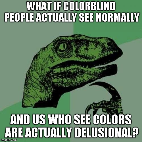 Philosoraptor Meme | WHAT IF COLORBLIND PEOPLE ACTUALLY SEE NORMALLY; AND US WHO SEE COLORS ARE ACTUALLY DELUSIONAL? | image tagged in memes,philosoraptor | made w/ Imgflip meme maker