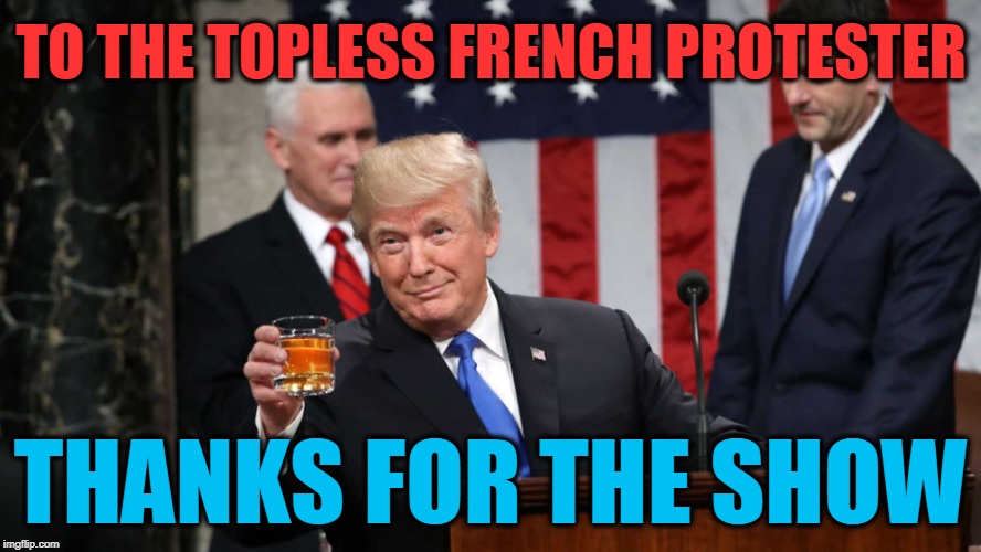 Trump Toast | TO THE TOPLESS FRENCH PROTESTER; THANKS FOR THE SHOW | image tagged in trump toast | made w/ Imgflip meme maker