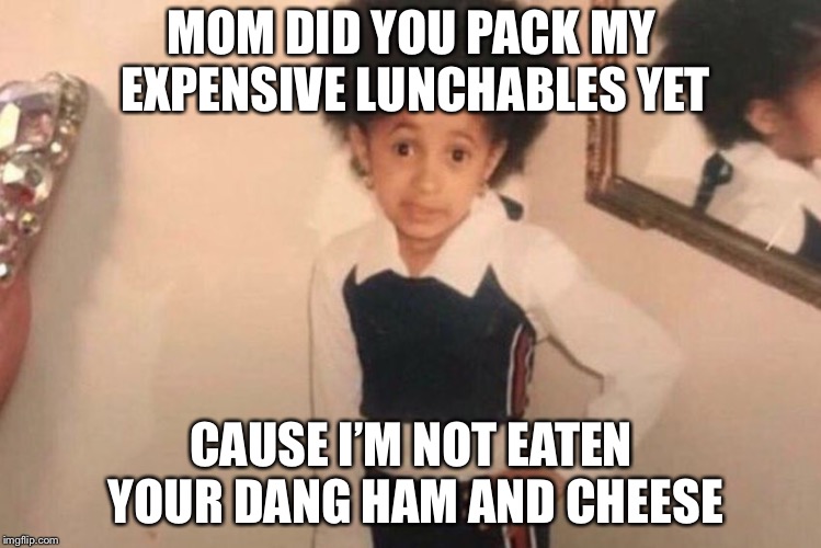 Young Cardi B Meme | MOM DID YOU PACK MY EXPENSIVE LUNCHABLES YET; CAUSE I’M NOT EATEN YOUR DANG HAM AND CHEESE | image tagged in memes,young cardi b | made w/ Imgflip meme maker