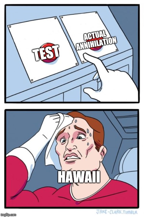 Two Buttons | ACTUAL ANNIHILATION; TEST; HAWAII | image tagged in memes,two buttons | made w/ Imgflip meme maker