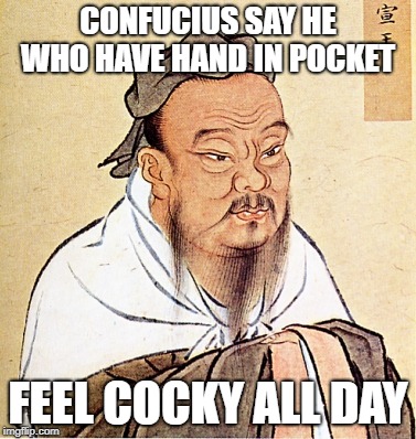 Confucius Says | CONFUCIUS SAY HE WHO HAVE HAND IN POCKET; FEEL COCKY ALL DAY | image tagged in confucius says | made w/ Imgflip meme maker