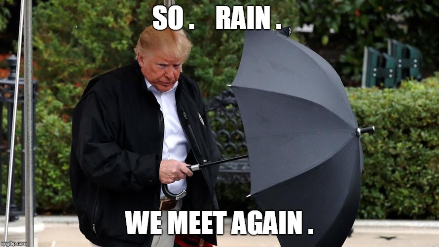 SO .    RAIN . WE MEET AGAIN . | image tagged in trump | made w/ Imgflip meme maker