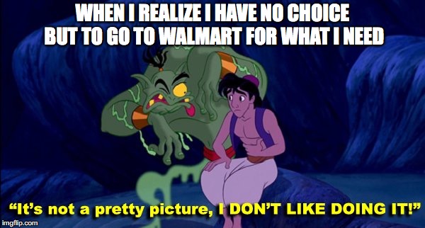 Walmart's not a pretty picture | WHEN I REALIZE I HAVE NO CHOICE BUT TO GO TO WALMART FOR WHAT I NEED | image tagged in walmart,people of walmart,genie,aladdin,disney | made w/ Imgflip meme maker