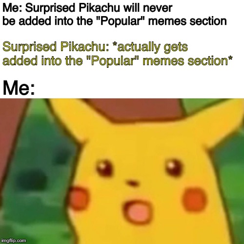 Wowie...I did not expect that | Me: Surprised Pikachu will never be added into the "Popular" memes section; Surprised Pikachu: *actually gets added into the "Popular" memes section*; Me: | image tagged in memes,surprised pikachu | made w/ Imgflip meme maker