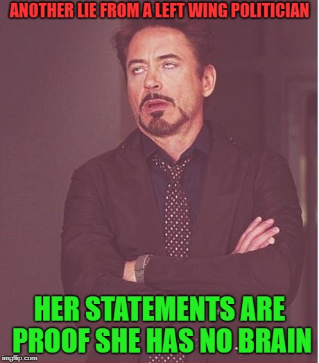Face You Make Robert Downey Jr Meme | ANOTHER LIE FROM A LEFT WING POLITICIAN HER STATEMENTS ARE PROOF SHE HAS NO BRAIN | image tagged in memes,face you make robert downey jr | made w/ Imgflip meme maker