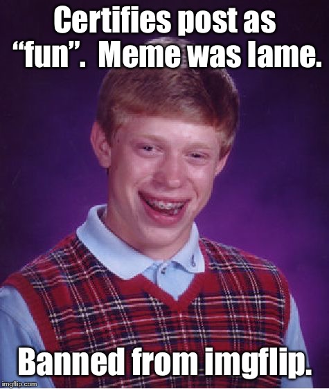 That’s the breaks | Certifies post as “fun”.  Meme was lame. Banned from imgflip. | image tagged in memes,bad luck brian,fun certification,ban,lame post | made w/ Imgflip meme maker