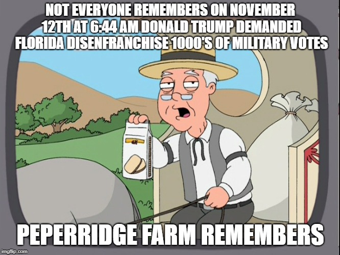 Peperridge Farm | NOT EVERYONE REMEMBERS ON NOVEMBER 12TH AT 6:44 AM DONALD TRUMP DEMANDED FLORIDA DISENFRANCHISE 1000'S OF MILITARY VOTES; PEPERRIDGE FARM REMEMBERS | image tagged in peperridge farm | made w/ Imgflip meme maker