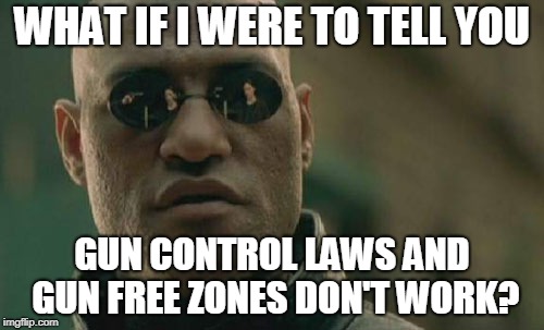 Matrix Morpheus | WHAT IF I WERE TO TELL YOU; GUN CONTROL LAWS AND GUN FREE ZONES DON'T WORK? | image tagged in memes,matrix morpheus | made w/ Imgflip meme maker