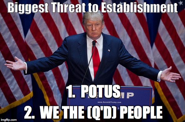 Donald Trump | Biggest Threat to Establishment; 1.  POTUS; 2.  WE THE (Q'D) PEOPLE | image tagged in donald trump | made w/ Imgflip meme maker