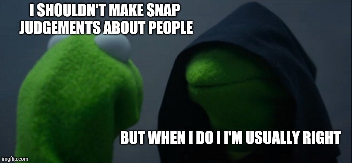 Evil Kermit | I SHOULDN'T MAKE SNAP JUDGEMENTS ABOUT PEOPLE; BUT WHEN I DO I I'M USUALLY RIGHT | image tagged in memes,evil kermit | made w/ Imgflip meme maker