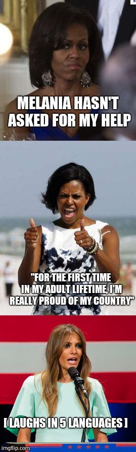 I wonder why, Michael? | MELANIA HASN'T ASKED FOR MY HELP; "FOR THE FIRST TIME IN MY ADULT LIFETIME, I'M REALLY PROUD OF MY COUNTRY"; [ LAUGHS IN 5 LANGUAGES ] | image tagged in michelle obama,idiot,disgrace,obama,melania trump | made w/ Imgflip meme maker