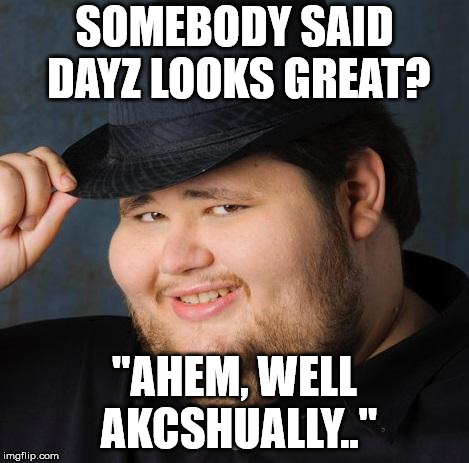 Fedora-guy | SOMEBODY SAID DAYZ LOOKS GREAT? "AHEM, WELL AKCSHUALLY.." | image tagged in fedora-guy | made w/ Imgflip meme maker