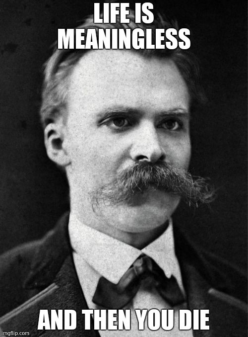 Nietzsche | LIFE IS MEANINGLESS AND THEN YOU DIE | image tagged in nietzsche | made w/ Imgflip meme maker