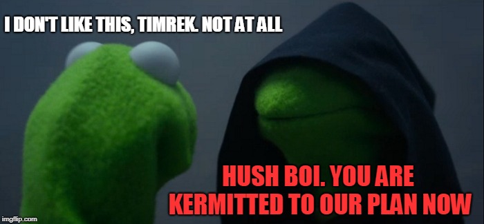 Evil Kermit Meme | I DON'T LIKE THIS, TIMREK. NOT AT ALL; HUSH BOI. YOU ARE KERMITTED TO OUR PLAN NOW | image tagged in memes,evil kermit | made w/ Imgflip meme maker
