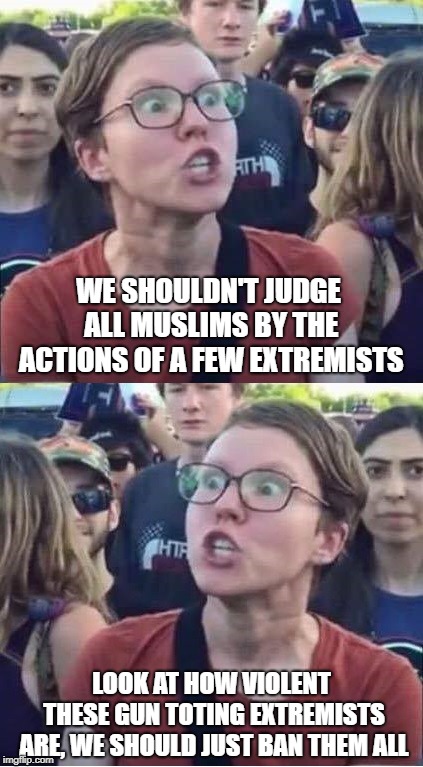 Angry Liberal Hypocrite |  WE SHOULDN'T JUDGE ALL MUSLIMS BY THE ACTIONS OF A FEW EXTREMISTS; LOOK AT HOW VIOLENT THESE GUN TOTING EXTREMISTS ARE, WE SHOULD JUST BAN THEM ALL | image tagged in angry liberal hypocrite | made w/ Imgflip meme maker