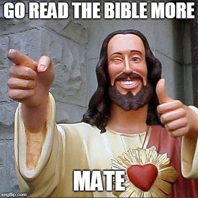 Buddy Christ Meme | GO READ THE BIBLE MORE MATE | image tagged in memes,buddy christ | made w/ Imgflip meme maker