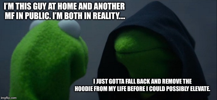 Evil Kermit Meme | I’M THIS GUY AT HOME AND ANOTHER MF IN PUBLIC. I’M BOTH IN REALITY.... I JUST GOTTA FALL BACK AND REMOVE THE HOODIE FROM MY LIFE BEFORE I COULD POSSIBLY ELEVATE. | image tagged in memes,evil kermit | made w/ Imgflip meme maker