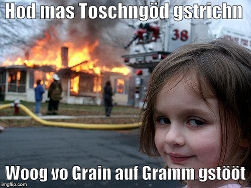 Disaster Girl Meme | Hod mas Toschngöd gstrichn; Woog vo Grain auf Gramm gstööt | image tagged in memes,disaster girl | made w/ Imgflip meme maker