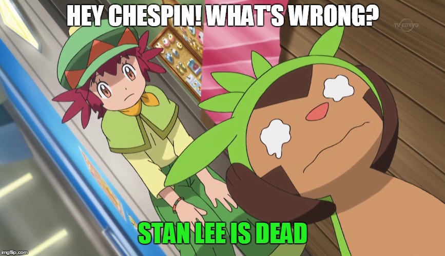 Chespin Crying | HEY CHESPIN! WHAT'S WRONG? STAN LEE IS DEAD | image tagged in chespin,stan lee | made w/ Imgflip meme maker