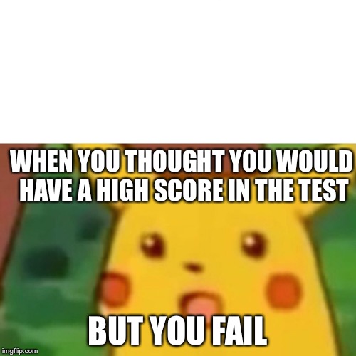 Surprised Pikachu Meme | WHEN YOU THOUGHT YOU WOULD HAVE A HIGH SCORE IN THE TEST; BUT YOU FAIL | image tagged in memes,surprised pikachu | made w/ Imgflip meme maker
