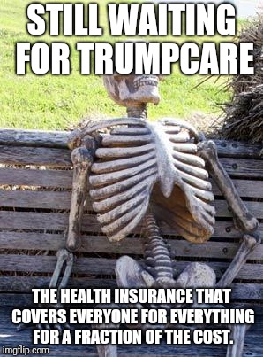 Waiting Skeleton | STILL WAITING FOR TRUMPCARE; THE HEALTH INSURANCE THAT COVERS EVERYONE FOR EVERYTHING FOR A FRACTION OF THE COST. | image tagged in memes,waiting skeleton | made w/ Imgflip meme maker
