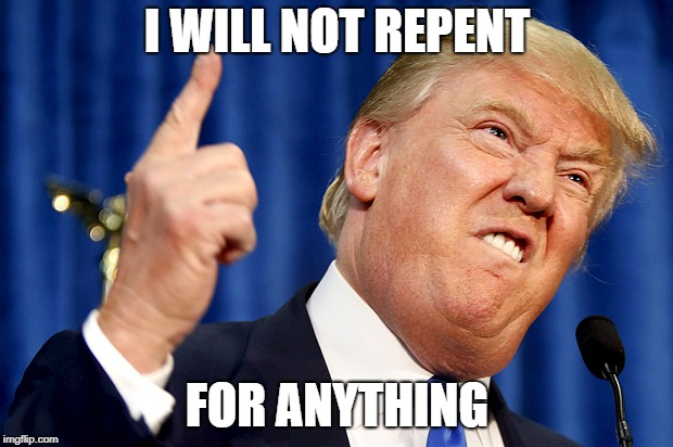 Donald Trump | I WILL NOT REPENT FOR ANYTHING | image tagged in donald trump | made w/ Imgflip meme maker