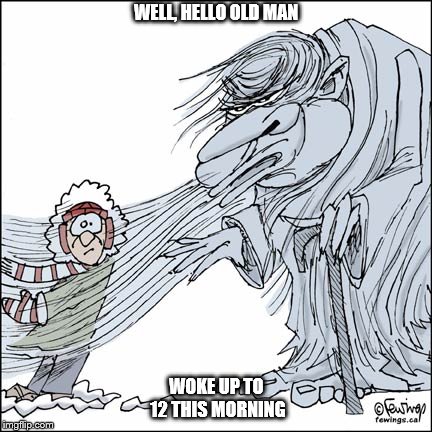 Old Man Winter | WELL, HELLO OLD MAN; WOKE UP TO 12 THIS MORNING | image tagged in old man winter | made w/ Imgflip meme maker