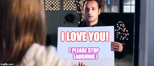 love actually sign | I LOVE YOU! ( PLEASE STOP   LAUGHING ) | image tagged in love actually sign | made w/ Imgflip meme maker