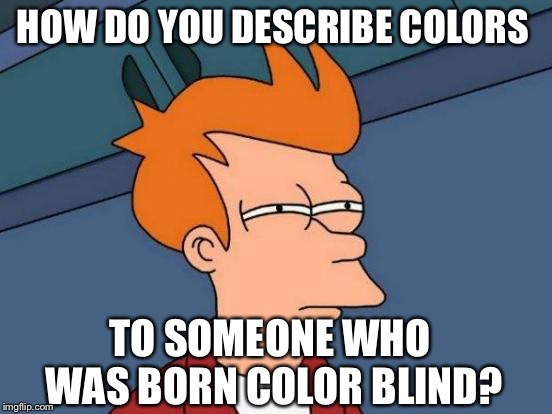 Futurama Fry Meme | HOW DO YOU DESCRIBE COLORS; TO SOMEONE WHO WAS BORN COLOR BLIND? | image tagged in memes,futurama fry | made w/ Imgflip meme maker