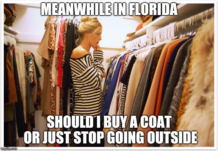 Florida clothes | MEANWHILE IN FLORIDA; SHOULD I BUY A COAT OR JUST STOP GOING OUTSIDE | image tagged in florida clothes | made w/ Imgflip meme maker
