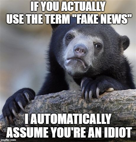 Confession Bear Meme | IF YOU ACTUALLY USE THE TERM "FAKE NEWS"; I AUTOMATICALLY ASSUME YOU'RE AN IDIOT | image tagged in memes,confession bear,AdviceAnimals | made w/ Imgflip meme maker