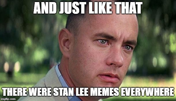 RIP Stan Lee | AND JUST LIKE THAT; THERE WERE STAN LEE MEMES EVERYWHERE | image tagged in forest gump,stan lee,rest in peace | made w/ Imgflip meme maker