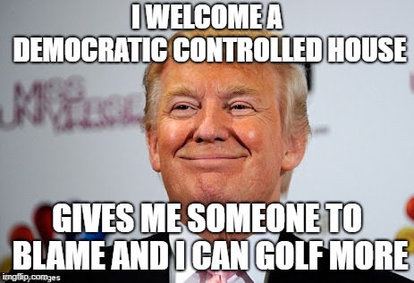 Donald trump approves | I WELCOME A DEMOCRATIC CONTROLLED HOUSE; GIVES ME SOMEONE TO BLAME AND I CAN GOLF MORE | image tagged in donald trump approves | made w/ Imgflip meme maker