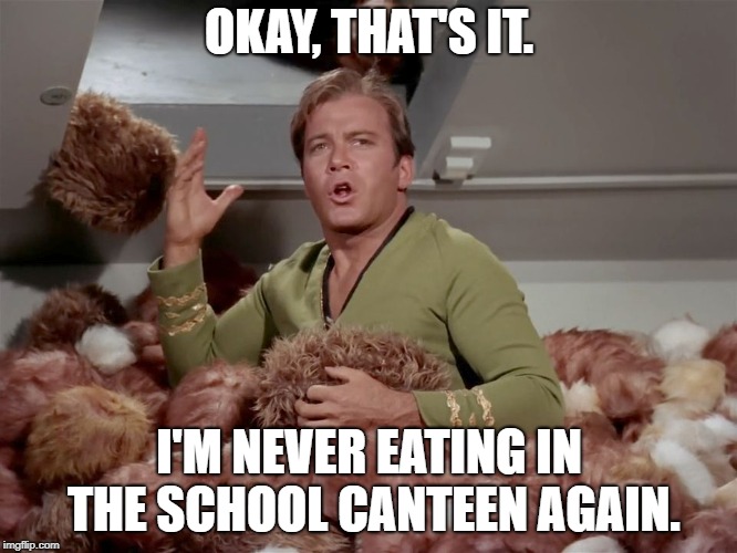 Star Trek Kirk Tribbles | OKAY, THAT'S IT. I'M NEVER EATING IN THE SCHOOL CANTEEN AGAIN. | image tagged in star trek kirk tribbles | made w/ Imgflip meme maker
