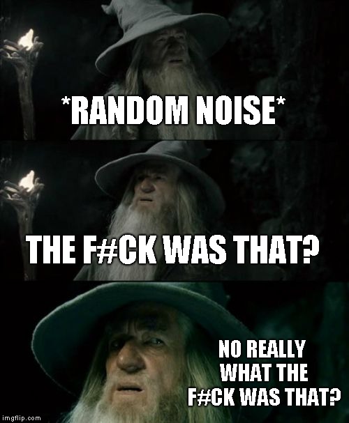 Confused Gandalf | *RANDOM NOISE*; THE F#CK WAS THAT? NO REALLY WHAT THE F#CK WAS THAT? | image tagged in memes,confused gandalf | made w/ Imgflip meme maker