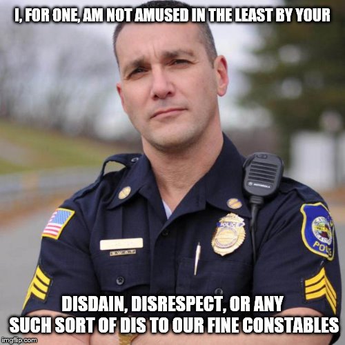 Cop | I, FOR ONE, AM NOT AMUSED IN THE LEAST BY YOUR DISDAIN, DISRESPECT, OR ANY SUCH SORT OF DIS TO OUR FINE CONSTABLES | image tagged in cop | made w/ Imgflip meme maker