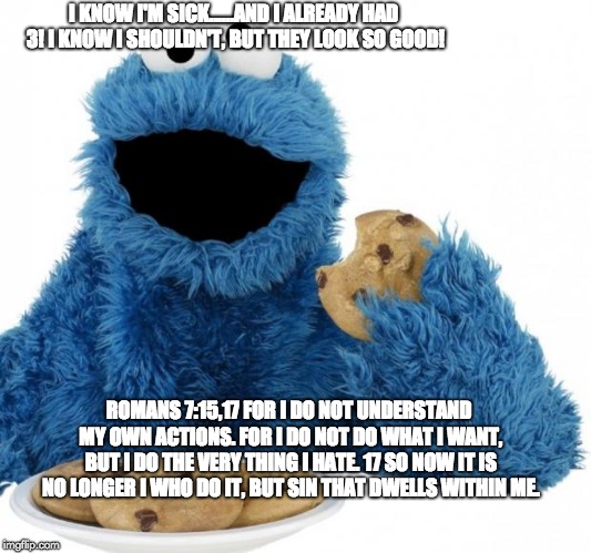 Cookie Monster | I KNOW I'M SICK......AND I ALREADY HAD 3! I KNOW I SHOULDN'T, BUT THEY LOOK SO GOOD! ROMANS 7:15,17 FOR I DO NOT UNDERSTAND MY OWN ACTIONS. FOR I DO NOT DO WHAT I WANT, BUT I DO THE VERY THING I HATE. 17 SO NOW IT IS NO LONGER I WHO DO IT, BUT SIN THAT DWELLS WITHIN ME. | image tagged in cookie monster | made w/ Imgflip meme maker