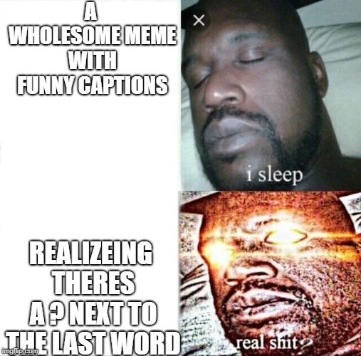 Sleeping Shaq | A WHOLESOME MEME WITH FUNNY CAPTIONS; REALIZEING THERES A ? NEXT TO THE LAST WORD | image tagged in memes,sleeping shaq | made w/ Imgflip meme maker