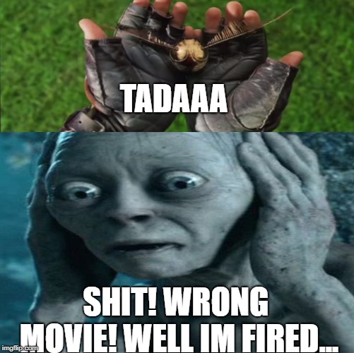 Gollum's fired! | TADAAA; SHIT! WRONG MOVIE! WELL IM FIRED... | image tagged in lord of the rings,harry potter,funny,hilarious,harry potter meme,gollum | made w/ Imgflip meme maker