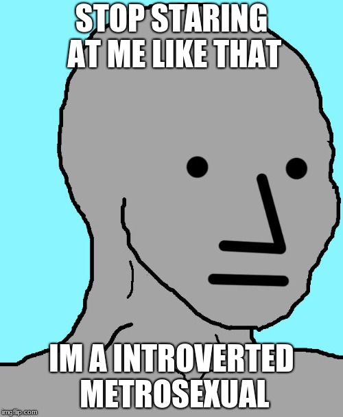 NPC Meme | STOP STARING AT ME LIKE THAT; IM A INTROVERTED METROSEXUAL | image tagged in memes,npc | made w/ Imgflip meme maker