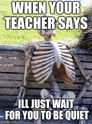 Waiting Skeleton Meme | WHEN YOUR TEACHER SAYS; ILL JUST WAIT FOR YOU TO BE QUIET | image tagged in memes,waiting skeleton | made w/ Imgflip meme maker