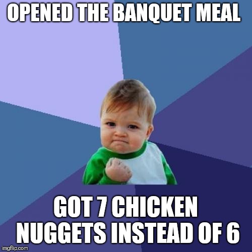 Success Kid | OPENED THE BANQUET MEAL; GOT 7 CHICKEN NUGGETS INSTEAD OF 6 | image tagged in memes,success kid | made w/ Imgflip meme maker