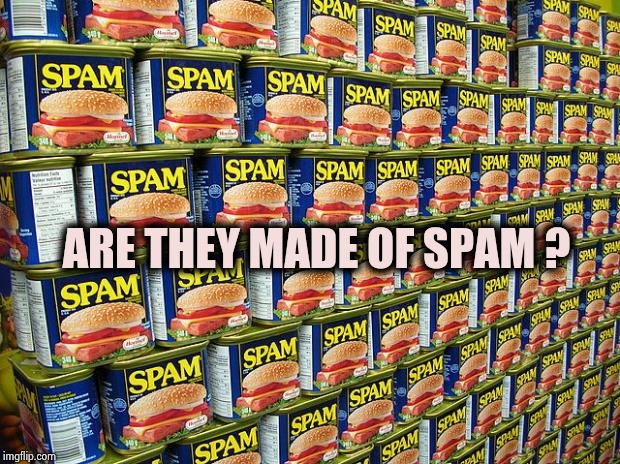 Spam, Delicous | ARE THEY MADE OF SPAM ? | image tagged in spam delicous | made w/ Imgflip meme maker