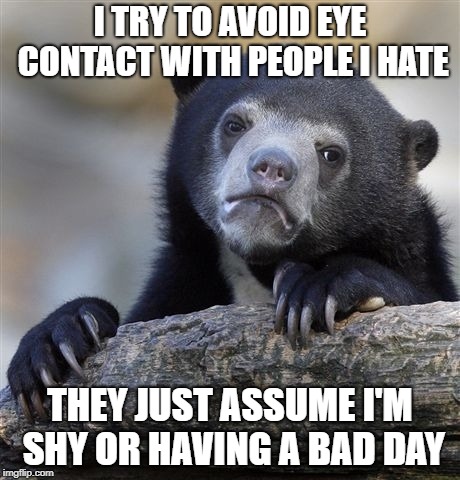 Confession Bear Meme | I TRY TO AVOID EYE CONTACT WITH PEOPLE I HATE; THEY JUST ASSUME I'M SHY OR HAVING A BAD DAY | image tagged in memes,confession bear,AdviceAnimals | made w/ Imgflip meme maker