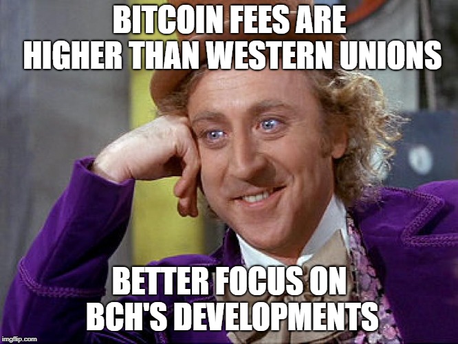 Big Willy Wonka Tell Me Again | BITCOIN FEES ARE HIGHER THAN WESTERN UNIONS; BETTER FOCUS ON BCH'S DEVELOPMENTS | image tagged in big willy wonka tell me again | made w/ Imgflip meme maker